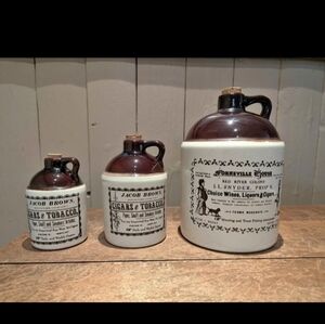 Vintage Moonshiner's Whisky Stoneware Advertising Jugs Beauce Pottery Set Of 3